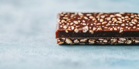 A close-up view of a chocolate bar with puffed rice pieces embedded inside, resting on a light surface.