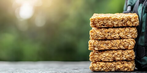 A stack of five granola bars is placed on a dark surface with a blurred green natural background and warm sunlight.