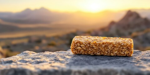 A granola bar rests on a rocky surface with a scenic sunset and mountainous landscape in the background.