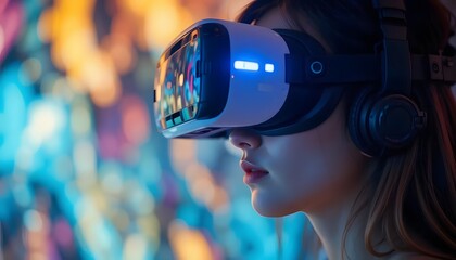 Virtual reality headset woman gaming vr glasses metaverse experience technology simulation