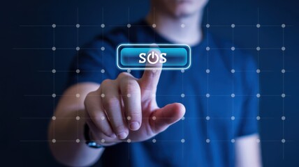 A person presses a glowing sos button on a digital interface.