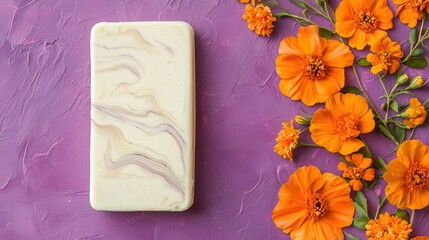A white marbled soap bar on a textured purple surface with vibrant orange flowers arranged beside it.