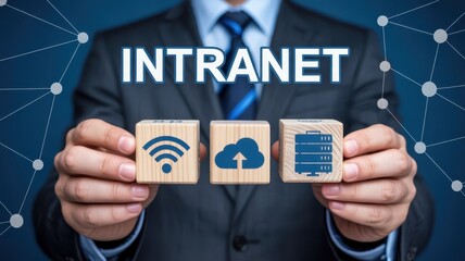 Wooden blocks with network icons representing intranet.