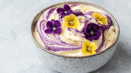 A creamy dessert bowl with purple swirls, topped with vibrant edible yellow and purple pansy flowers on a textured gray surface.