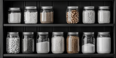 Shelves displaying various glass jars filled with different types of white and brown beans, grains, and powders, neatly organized in a monochrome setting.
