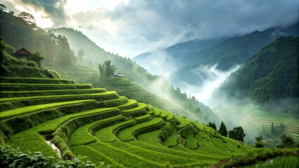 Lush Green Rice Terraces in Misty Mountains Scenic Landscape View