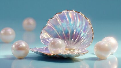 Luminous pearls nestled within an iridescent seashell on blue