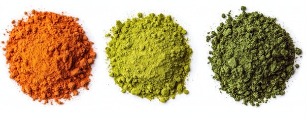 Three colorful powder piles in orange, yellow-green, and dark green are arranged in a row on a white background.