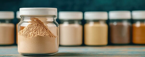A close-up of a glass jar filled with brown powder, with several similar jars blurred in the background on a wooden surface.