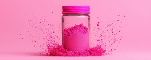 A vibrant pink powder explodes dramatically around a clear glass jar with a matching pink lid, set against a solid pink background.
