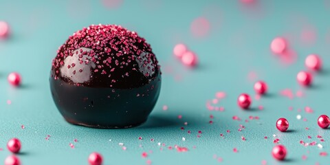 A glossy chocolate truffle decorated with pink sugar crystals, surrounded by scattered pink candy pearls on a turquoise surface.