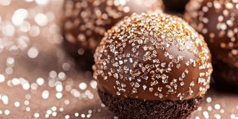 Close-up of chocolate truffles coated with sparkling sugar crystals, highlighting their rich texture and indulgent appeal.