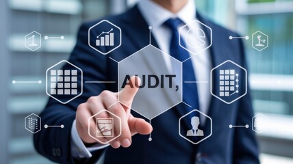 Businessman points to an audit concept on a digital interface.