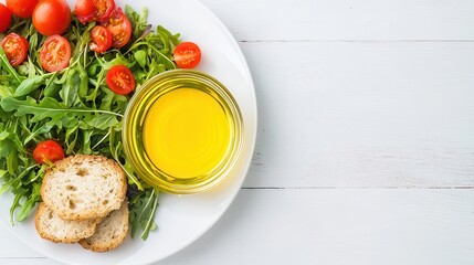 A fresh salad with cherry tomatoes and arugula, accompanied by crusty bread slices and a glass of golden olive oil on a white plate.