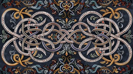 A traditional Celtic knot embroidery pattern with intricate details and rich colors on a dark fabric background.
