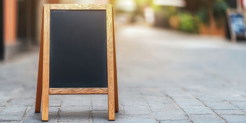 A blank wooden-framed chalkboard sign stands on a paved outdoor walkway with a blurred urban background.