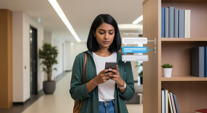 Portrait of a stylish young Indian woman in a tech company lobby, quickly responding to urgent team messages on her smartphone. Thoughtful Arab student standing by a bookshelf, using language learning