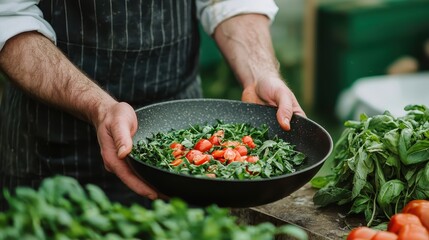 A person holds a pan filled with fresh greens and cherry tomatoes, surrounded by fresh vegetables on a wooden table.