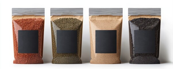 Four transparent resealable bags contain different colored grains or seeds with blank black labels on each.