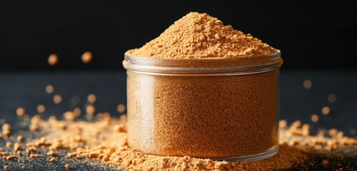 A clear glass jar filled and topped with finely ground brown powder, with some powder scattered on a dark surface around it.