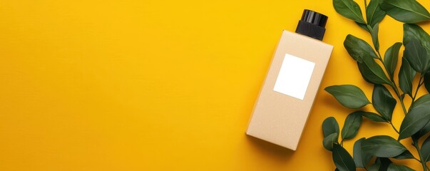 A beige rectangular bottle with a blank label stands on a vibrant yellow surface next to lush green leaves.
