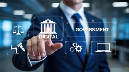 Businessman interacting with digital interface displaying government and digital concepts.