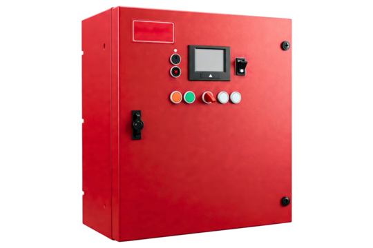 Bright red industrial electrical control panel isolated on a transparent background