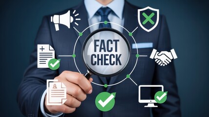 A businessperson holds a magnifying glass over a fact-checking network.