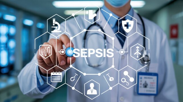 Medical professional interacting with a sepsis-related holographic interface.