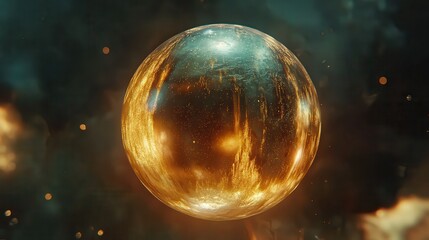 Fototapeta premium A glowing orb with golden and blue hues floating in a dark and smoky abstract background scene