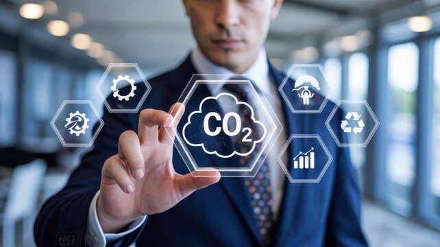 Businessperson interacting with a digital display showing co2 emissions reduction strategies.
