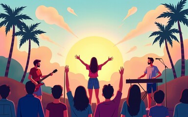 Summer music festival flat vector illustrations set. Rock, jazz, electronic musician concert. Summertime fun outdoor activity. People in open air live performance isolated cartoon characters