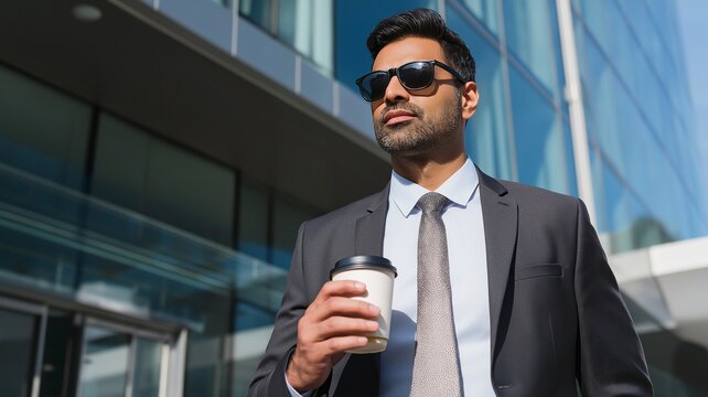 A confident businessman in a suit holding a coffee cup.