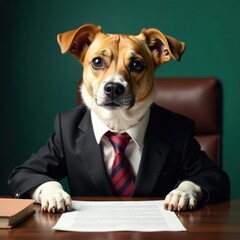 A dapper canine in business attire sits dejectedly at a desk , serious, melancholy