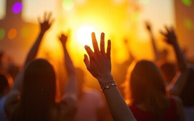 Young people dancing and having fun in summer festival party outdoor - Crowd with hands up celebrating concert event - Soft focus on center hand with yellow background flare - Fun and youth concept