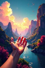 A hand reaches into a vibrant, shifting landscape , landscape, surreal