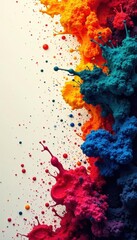 Black ink splatters, vibrant hues, textured backdrop, vintage, acrylic