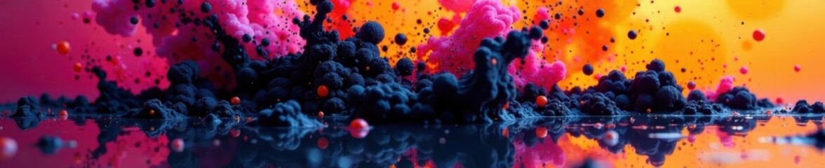Black ink splatter, vibrant hues, dynamic motion, bold, overlay
