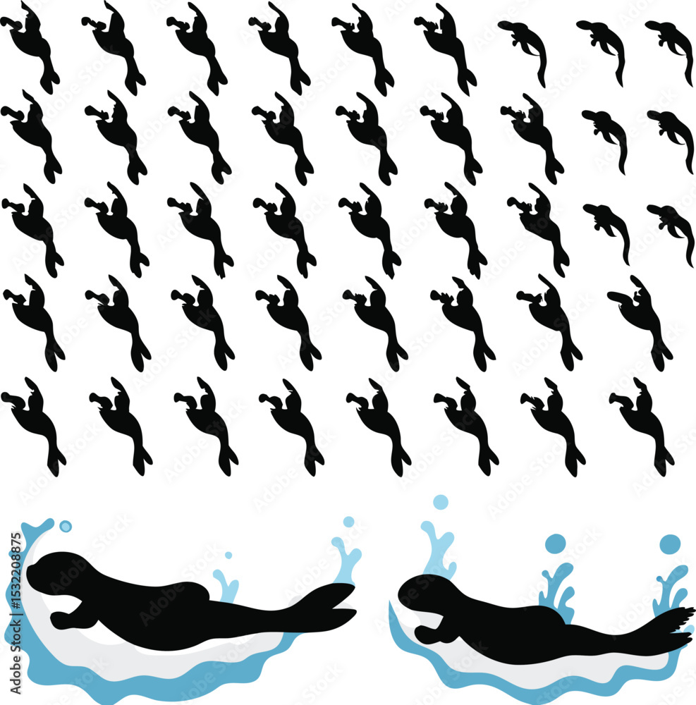 Poster playful black seal illustrations with repeating patterns and splash elements for decorative design a