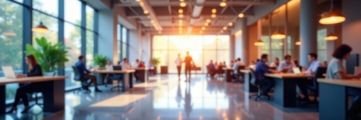 Bright open plan office, abstract blurred figures, spacious, open plan