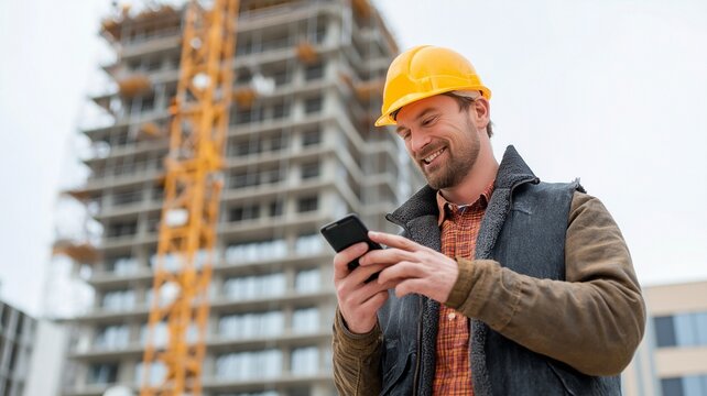 Smiling construction worker using smartphone.