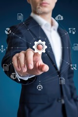 Businessperson interacting with a digital network interface.