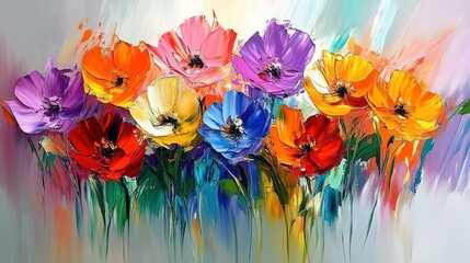 Vibrant painting of blooming flowers with multicolored petals in intricate detail, capturing natural beauty and joy. Ideal for decorative art, home design, greeting cards, wallpaper, or creative proje
