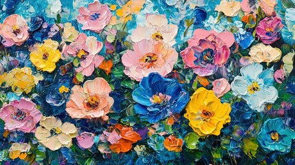 Vibrant painting of blooming flowers with multicolored petals in intricate detail, capturing natural beauty and joy. Ideal for decorative art, home design, greeting cards, wallpaper, or creative proje