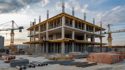 Modern Construction Site with Tower Crane and Concrete Building Under Construction