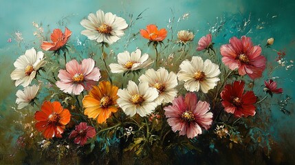 Vibrant painting of blooming flowers with multicolored petals in intricate detail, capturing natural beauty and joy. Ideal for decorative art, home design, greeting cards, wallpaper, or creative proje