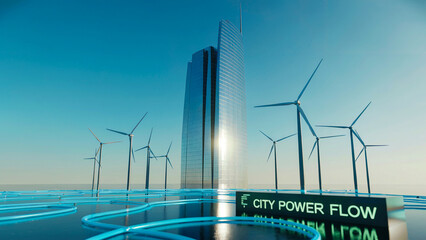 High-Tech Sustainable Cityscape Powered by Solar Panels and Wind Energy