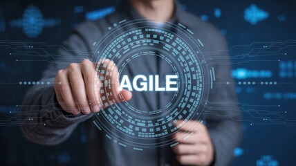 Person interacting with a digital interface displaying the word "Agile".