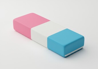 Eraser with pink white and blue sections on a plain background