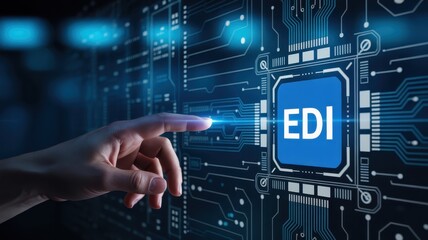 Hand pointing to electronic data interchange concept on a circuit board.